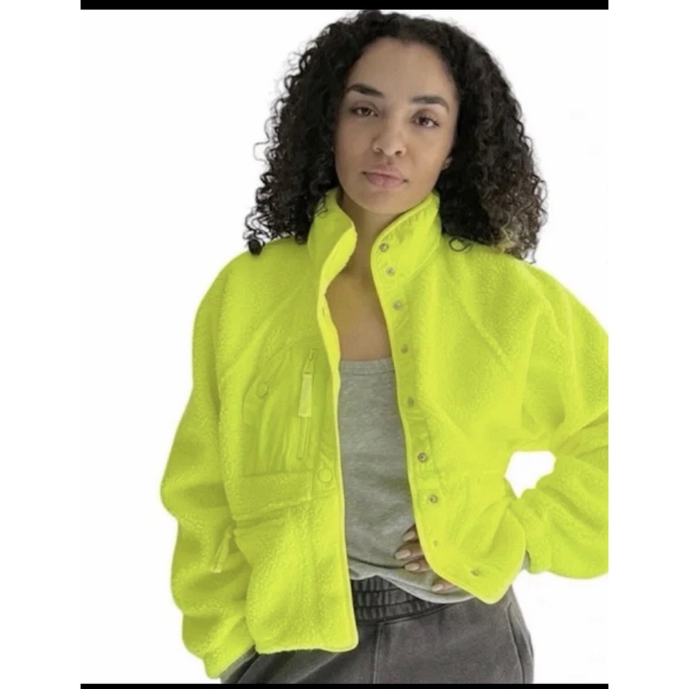 FREE PEOPLE MOVEMENT Hit The Slopes Highlighter Fleece Jacket Neon Yellow Sherpa